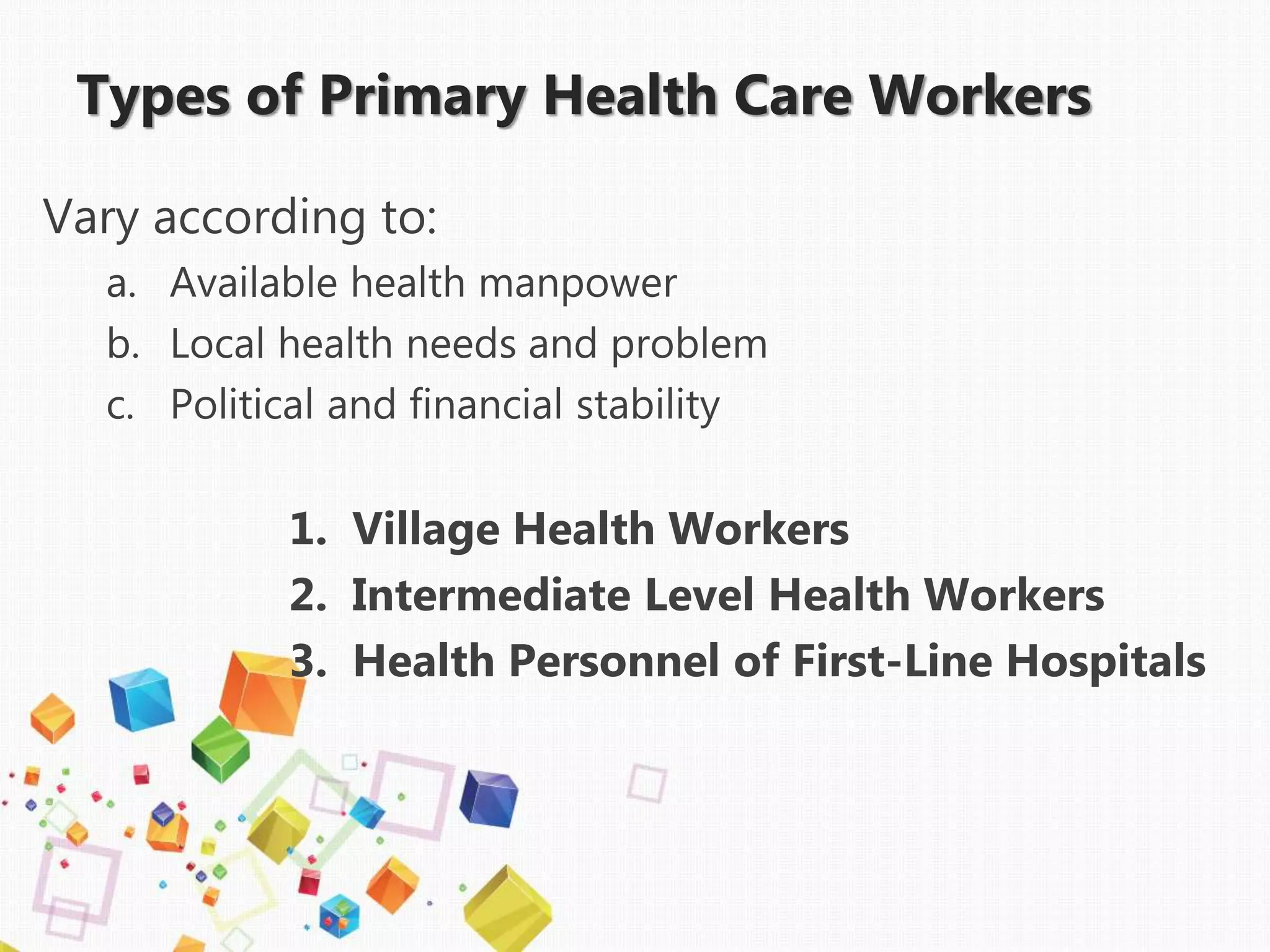 Types of Primary Health Care Workers
Vary according to:
a. Available health manpower
b. Local health needs and problem
c. Political and financial stability
1. Village Health Workers
2. Intermediate Level Health Workers
3. Health Personnel of First-Line Hospitals
 