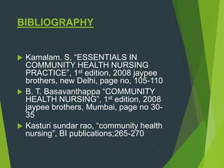 BIBLIOGRAPHY
 Kamalam. S, “ESSENTIALS IN
COMMUNITY HEALTH NURSING
PRACTICE”, 1st edition, 2008 jaypee
brothers, new Delhi, page no, 105-110
 B. T. Basavanthappa “COMMUNITY
HEALTH NURSING”, 1st edition, 2008
jaypee brothers, Mumbai, page no 30-
35
 Kasturi sundar rao, “community health
nursing”, BI publications;265-270
 