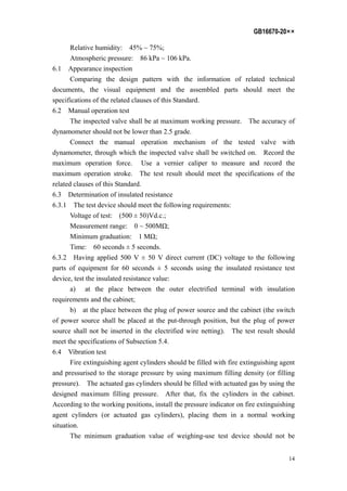 GB16670-20××
14
Relative humidity: 45% ~ 75%;
Atmospheric pressure: 86 kPa ~ 106 kPa.
6.1 Appearance inspection
Comparing the design pattern with the information of related technical
documents, the visual equipment and the assembled parts should meet the
specifications of the related clauses of this Standard.
6.2 Manual operation test
The inspected valve shall be at maximum working pressure. The accuracy of
dynamometer should not be lower than 2.5 grade.
Connect the manual operation mechanism of the tested valve with
dynamometer, through which the inspected valve shall be switched on. Record the
maximum operation force. Use a vernier caliper to measure and record the
maximum operation stroke. The test result should meet the specifications of the
related clauses of this Standard.
6.3 Determination of insulated resistance
6.3.1 The test device should meet the following requirements:
Voltage of test: (500 ± 50)Vd.c.;
Measurement range: 0 ~ 500MΩ;
Minimum graduation: 1 MΩ;
Time: 60 seconds ± 5 seconds.
6.3.2 Having applied 500 V ± 50 V direct current (DC) voltage to the following
parts of equipment for 60 seconds ± 5 seconds using the insulated resistance test
device, test the insulated resistance value:
a) at the place between the outer electrified terminal with insulation
requirements and the cabinet;
b) at the place between the plug of power source and the cabinet (the switch
of power source shall be placed at the put-through position, but the plug of power
source shall not be inserted in the electrified wire netting). The test result should
meet the specifications of Subsection 5.4.
6.4 Vibration test
Fire extinguishing agent cylinders should be filled with fire extinguishing agent
and pressurised to the storage pressure by using maximum filling density (or filling
pressure). The actuated gas cylinders should be filled with actuated gas by using the
designed maximum filling pressure. After that, fix the cylinders in the cabinet.
According to the working positions, install the pressure indicator on fire extinguishing
agent cylinders (or actuated gas cylinders), placing them in a normal working
situation.
The minimum graduation value of weighing-use test device should not be
 