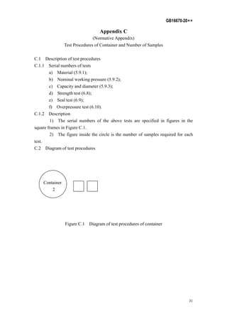 GB16670-20××
31
Appendix C
(Normative Appendix)
Test Procedures of Container and Number of Samples
C.1 Description of test procedures
C.1.1 Serial numbers of tests
a) Material (5.9.1);
b) Nominal working pressure (5.9.2);
c) Capacity and diameter (5.9.3);
d) Strength test (6.8);
e) Seal test (6.9);
f) Overpressure test (6.10).
C.1.2 Description
1) The serial numbers of the above tests are specified in figures in the
square frames in Figure C.1.
2) The figure inside the circle is the number of samples required for each
test.
C.2 Diagram of test procedures
Container
2
Figure C.1 Diagram of test procedures of container
 