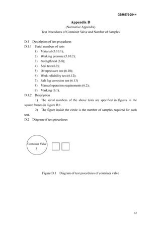 GB16670-20××
32
Appendix D
(Normative Appendix)
Test Procedures of Container Valve and Number of Samples
D.1 Description of test procedures
D.1.1 Serial numbers of tests
1) Material (5.10.1);
2) Working pressure (5.10.2);
3) Strength test (6.8);
4) Seal test (6.9);
5) Overpressure test (6.10);
6) Work reliability test (6.12);
7) Salt fog corrosion test (6.13)
8) Manual operation requirements (6.2);
9) Marking (6.1).
D.1.2 Description
1) The serial numbers of the above tests are specified in figures in the
square frames in Figure D.1.
2) The figure inside the circle is the number of samples required for each
test.
D.2 Diagram of test procedures
Container Valve
3
Figure D.1 Diagram of test procedures of container valve
 
