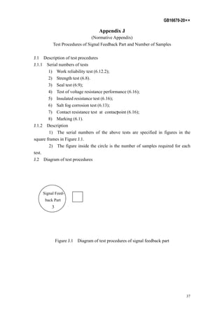 GB16670-20××
37
Appendix J
(Normative Appendix)
Test Procedures of Signal Feedback Part and Number of Samples
J.1 Description of test procedures
J.1.1 Serial numbers of tests
1) Work reliability test (6.12.2);
2) Strength test (6.8).
3) Seal test (6.9);
4) Test of voltage resistance performance (6.16);
5) Insulated resistance test (6.16);
6) Salt fog corrosion test (6.13);
7) Contact resistance test at contactpoint (6.16);
8) Marking (6.1).
J.1.2 Description
1) The serial numbers of the above tests are specified in figures in the
square frames in Figure J.1.
2) The figure inside the circle is the number of samples required for each
test.
J.2 Diagram of test procedures
Signal Feed-
back Part
3
Figure J.1 Diagram of test procedures of signal feedback part
 