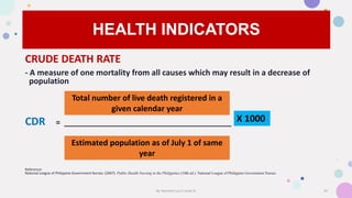 HEALTH INDICATORS
CRUDE DEATH RATE
- A measure of one mortality from all causes which may result in a decrease of
populati...