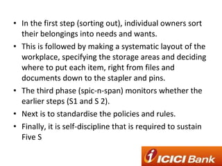 In the first step (sorting out), individual owners sort their belongings into needs and wants.  This is followed by making a systematic layout of the workplace, specifying the storage areas and deciding where to put each item, right from files and documents down to the stapler and pins. The third phase (spic-n-span) monitors whether the earlier steps (S1 and S 2). Next is to standardise the policies and rules. Finally, it is self-discipline that is required to sustain Five S 