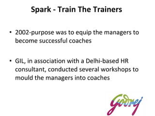 Spark -  Train The Trainers  2002-purpose was to equip the managers to become successful coaches GIL, in association with a Delhi-based HR consultant, conducted several workshops to mould the managers into coaches 