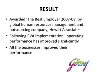 RESULT Awarded ‘The Best Employer 2007-08’ by global human resources management and outsourcing company, Hewitt Associates. Following EVA implementation,  operating performance has improved significantly All the businesses improved their performance 