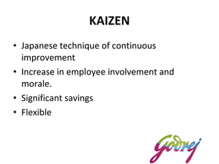 KAIZEN <ul><li>Japanese technique of continuous improvement  </li></ul><ul><li>Increase in employee involvement and morale...