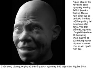 Chân dung của người phụ nữ trẻ sống cách ngày nay 9-10 triệu năm. Nguồn: Sina.
Người phụ nữ trẻ
này sống cách
ngày nay khoảng
9-10 triệu năm.
Xương đầu và
hàm dưới của cô
ta được tìm thấy
một hang động tại
Israel vào năm
1969. Vào thời
điểm đó, người ta
còn phát hiện hơn
20 bộ xương
khác. Xương sọ
của những người
này cao hơn một
chút so với người
hiện đại.
 