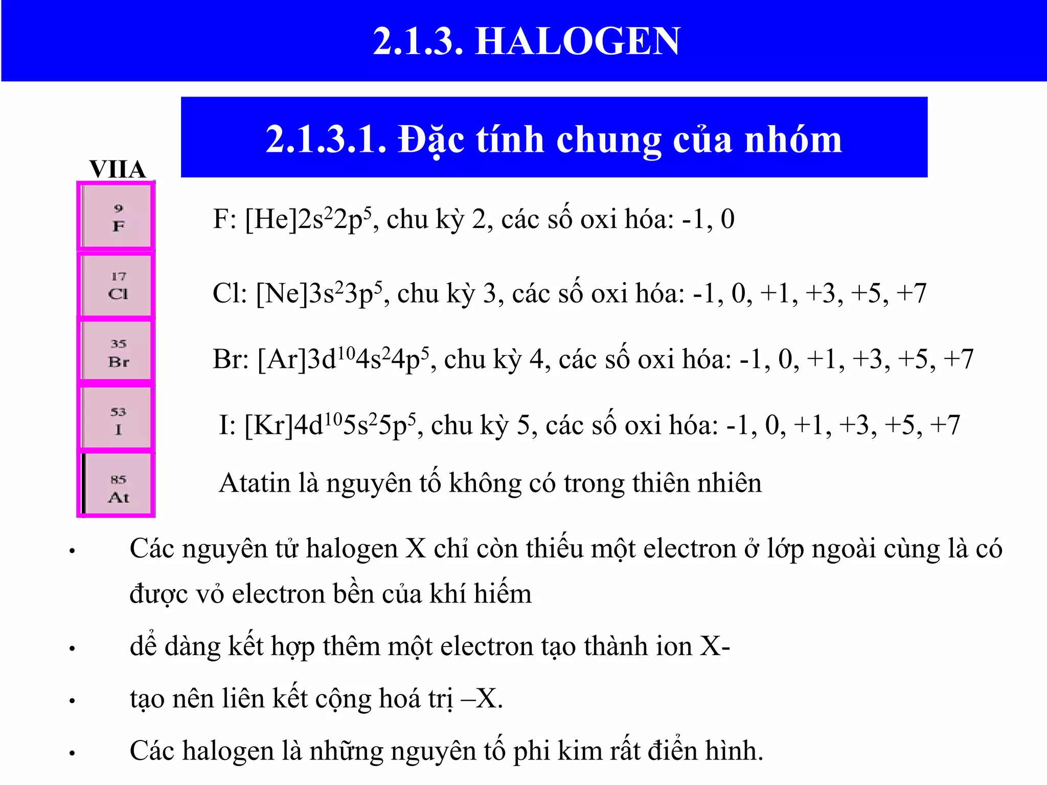 2.1.3.1. Đặc tính chung của nhóm
• Các nguyên tử halogen X chỉ còn thiếu một electron ở lớp ngoài cùng là có
được vỏ electron bền của khí hiếm
• dể dàng kết hợp thêm một electron tạo thành ion X-
• tạo nên liên kết cộng hoá trị –X.
• Các halogen là những nguyên tố phi kim rất điển hình.
VIIA
F: [He]2s22p5, chu kỳ 2, các số oxi hóa: -1, 0
Cl: [Ne]3s23p5, chu kỳ 3, các số oxi hóa: -1, 0, +1, +3, +5, +7
Br: [Ar]3d104s24p5, chu kỳ 4, các số oxi hóa: -1, 0, +1, +3, +5, +7
I: [Kr]4d105s25p5, chu kỳ 5, các số oxi hóa: -1, 0, +1, +3, +5, +7
Atatin là nguyên tố không có trong thiên nhiên
2.1.3. HALOGEN
 