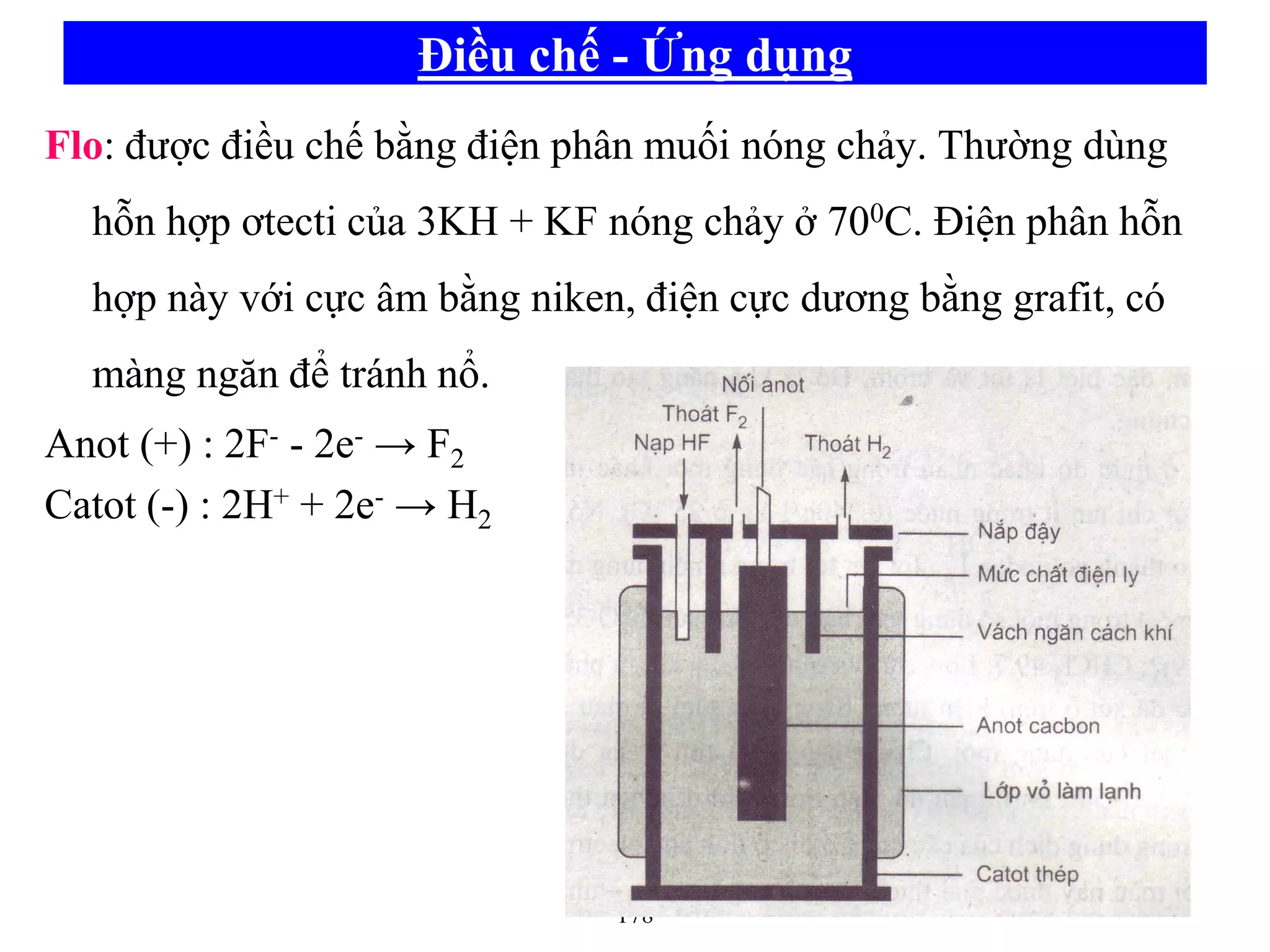 178
Điều chế - Ứng dụng
Flo: được điều chế bằng điện phân muối nóng chảy. Thường dùng
hỗn hợp ơtecti của 3KH + KF nóng chảy ở 700C. Điện phân hỗn
hợp này với cực âm bằng niken, điện cực dương bằng grafit, có
màng ngăn để tránh nổ.
Anot (+) : 2F- - 2e- → F2
Catot (-) : 2H+ + 2e- → H2
 