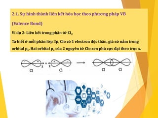 2.1. Sự hình thành liên kết hóa học theo phương pháp VB
(Valence Bond)
Ví dụ 2: Liên kết trong phân tử Cl2
Ta biết ở mỗi phân lớp 3p, Clo có 1 electron độc thân, giả sử nằm trong
orbital px. Hai orbital px của 2 nguyên tử Clo xen phủ cực đại theo trục x.
 