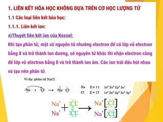 1. LIÊN KẾT HÓA HỌC KHÔNG DỰA TRÊN CƠ HỌC LƯỢNG TỬ
1.1 Các loại liên kết hóa học:
1.1.1. Liên kết ion:
a)Thuyết liên kết ion của Kossel:
Khi tạo phân tử, một số nguyên tử nhường electron để có lớp vỏ electron
bằng 8 và trở thành ion dương, số nguyên tử khác thì nhận electron cũng
để lớp vỏ electron bằng 8 và trở thành ion âm. Các ion trái dấu hút nhau
và tạo nên phân tử.
 