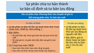 Tư bản cố định
• Là bộ phận tư bản SX tồn tại dưới hình thái TLLĐ
(máy móc, thiết bị, nhà xưởng..)
• Đặc điểm:
• Về mặt hiện vật, tham gia toàn bộ vào quá trình sản
xuất
• Về mặt giá trị: chuyển dịch dần dần vào giá trị sản
phẩm
• Có 2 loại hao mòn TBCĐ
• Hao mòn hữu hình: hao mòn về gt và gtsd…
• Hao mòn vô hình: là hao mòn thuần túy về giá trị…
Tư bản lưu động
• Là bộ phận tư bản
SX tồn tại dưới hình
thái sức lao động và
nguyên vật liệu
• Đặc điểm: giá trị
được hoàn lại toàn
bộ cho nhà tư bản
sau 1 chu kỳ sản
xuất
Sự phân chia tư bản thành
tư bản cố định và tư bản lưu động
Căn cứ phân chia: Phương thức chu chuyển về giá trị
Đối tượng phân chia: Tư bản sản xuất
 