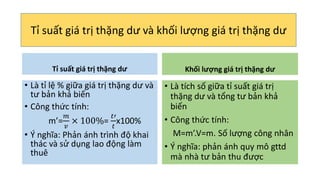 Tỉ suất giá trị thặng dư
• Là tỉ lệ % giữa giá trị thặng dư và
tư bản khả biến
• Công thức tính:
m’=
𝑚
𝑣
× 100%=
𝑡′
𝑡
x100%
• Ý nghĩa: Phản ánh trình độ khai
thác và sử dụng lao động làm
thuê
Khối lượng giá trị thặng dư
• Là tích số giữa tỉ suất giá trị
thặng dư và tổng tư bản khả
biến
• Công thức tính:
M=m’.V=m. Số lượng công nhân
• Ý nghĩa: phản ánh quy mô gttd
mà nhà tư bản thu được
Tỉ suất giá trị thặng dư và khối lượng giá trị thặng dư
 