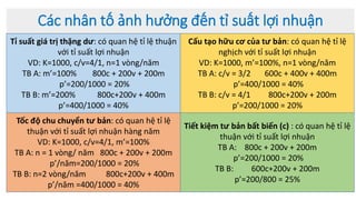 Các nhân tố ảnh hưởng đến tỉ suất lợi nhuận
Tỉ suất giá trị thặng dư: có quan hệ tỉ lệ thuận
với tỉ suất lợi nhuận
VD: K=1000, c/v=4/1, n=1 vòng/năm
TB A: m’=100% 800c + 200v + 200m
p’=200/1000 = 20%
TB B: m’=200% 800c+200v + 400m
p’=400/1000 = 40%
Cấu tạo hữu cơ của tư bản: có quan hệ tỉ lệ
nghịch với tỉ suất lợi nhuận
VD: K=1000, m’=100%, n=1 vòng/năm
TB A: c/v = 3/2 600c + 400v + 400m
p’=400/1000 = 40%
TB B: c/v = 4/1 800c+200v + 200m
p’=200/1000 = 20%
Tốc độ chu chuyển tư bản: có quan hệ tỉ lệ
thuận với tỉ suất lợi nhuận hàng năm
VD: K=1000, c/v=4/1, m’=100%
TB A: n = 1 vòng/ năm 800c + 200v + 200m
p’/năm=200/1000 = 20%
TB B: n=2 vòng/năm 800c+200v + 400m
p’/năm =400/1000 = 40%
Tiết kiệm tư bản bất biến (c) : có quan hệ tỉ lệ
thuận với tỉ suất lợi nhuận
TB A: 800c + 200v + 200m
p’=200/1000 = 20%
TB B: 600c+200v + 200m
p’=200/800 = 25%
 