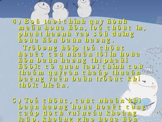 4) Boä taøi chính quy ñònh maãu hoùa ñôn, toå chöùc in, phaùt haønh vaø söû duïng hoùa ñôn baùn haøng. Tröôøng hôïp toå chöùc hoaëc caù nhaân töï in hoùa ñôn baùn haøng thì phaûi ñöôïc cô quan taøi chính coù thaåm quyeàn chaáp thuaän baèng vaên baûn tröôùc khi thöïc hieän. 5) Toå chöùc, caùc nhaân khi baùn haøng hoùa hoaëc cung caáp dòch vuï neáu khoâng laäp, khoâng giao hoùa ñôn baùn haøng hoaëc laäp hoùa ñôn baùn haøng khoâng ñuùng quy ñònh taïi ñieàu 19 vaø Ñieàu 20 cuûa luaät naøy vaø caùc khoaûn 1,2,3 vaø 4 thì xöû lí theo quy ñònh cuûa phaùp luaät. Ví duï veà hoùa ñôn : 