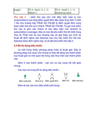 bug(a) TC 4 : foo(1, 2, 1, 1)
Return 1
TC 5 : foo(2,1, 1, 1)
division by zero!
Phủ cấp 4 : kiểm thử sao cho mỗi ₫iều kiện luận lý con
(subcondition) của từng ₫iểm quyết ₫ịnh ₫ều ₫ược thực hiện ít nhất
1 lần cho trường hợp TRUE lẫn FALSE & ₫iểm quyết ₫ịnh cũng
₫ược kiểm thử cho cả 2 nhánh TRUE lẫn FALSE. Ta gọi mức kiểm
thử này là phủ các nhánh & các ₫iều kiện con (branch &
subcondition coverage). Đây là mức ₫ộ phủ kiểm thử tốt nhất trong
thực tế. Phần còn lại của chương này sẽ giới thiệu qui trình kỹ
thuật ₫ể ₫ịnh nghĩa các testcase sao cho nếu kiểm thử hết các
testcase ₫ược ₫ịnh nghĩa này, ta sẽ ₫ạt phủ kiểm thử cấp 4.
3.4 Đồ thị dòng ₫iều khiển
Là một trong nhiều phương pháp miêu tả thuật giải. Đây là
phương pháp trực quan cho chúng ta thấy dễ dàng các thành phần
của thuật giải và mối quan hệ trong việc thực hiện các thành phần
này.
Gồm 2 loại thành phần : các nút và các cung nối kết giữa
chúng.
Các loại nút trong ₫ồ thị dòng ₫iều khiển :
Miêu tả các cấu trúc ₫iều khiển phổ dụng :
₫iểm xuất phát khối xử lý ₫iểm quyết ₫ịnh ₫iểm nối ₫iểm kết thúc
 