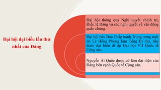 Đại hội đại biểu lần thứ
nhất của Đảng
Đại hội thông qua Nghị quyết chính trị,
Điều lệ Đảng và các nghị quyết về vận động
quần chúng.
Đại hội bầu Ban Chấp hành Trung ương mới
do Lê Hồng Phong làm Tổng Bí thư, bầu
đoàn đại biểu di dự Đại hội VII Quốc tế
Cộng sản.
Nguyễn Ái Quốc được cử làm đại diện của
Đảng bên cạnh Quốc tế Cộng sản.
 
