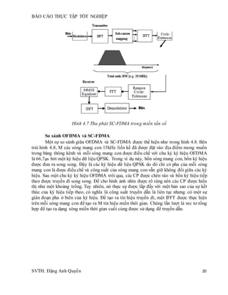 BÁO CÁO THỰC TẬP TỐT NGHIỆP
SVTH: Đặng Anh Quyền 20
Hình 4.7 Thu phát SC-FDMA trong miền tần số
So sánh OFDMA và SC-FDMA
Một sự so sánh giữa OFDMA và SC-FDMA được thể hiện như trong hình 4.8. Bên
trái hình 4.8, M các sóng mang con 15kHz liền kề đã được đặt vào địa điểm mong muốn
trong băng thông kênh và mỗi sóng mang con được điều chế với chu kỳ ký hiệu OFDMA
là 66,7µs bởi một ký hiệu dữ liệu QPSK. Trong ví dụ này, bốn sóng mang con, bốn ký hiệu
được đưa ra song song. Đây là các ký hiệu dữ liệu QPSK do đó chỉ có pha của mỗi sóng
mang con là được điều chế và công suất của sóng mang con vẫn giữ không đổi giữa các ký
hiệu. Sau một chu kỳ ký hiệu OFDMA trôi qua, các CP được chèn vào và bốn ký hiệu tiếp
theo được truyền đi song song. Để cho hình ảnh nhìn được rõ ràng nên các CP được hiển
thị như một khoảng trống. Tuy nhiên, nó thực sự được lấp đầy với một bản sao của sự kết
thúc của ký hiệu tiếp theo, có nghĩa là công suất truyền dẫn là liên tục nhưng có một sự
gián đoạn pha ở biên của ký hiệu. Để tạo ra tín hiệu truyền đi, một IFFT được thực hiện
trên mỗi sóng mang con để tạo ra M tín hiệu miền thời gian. Chúng lần lượt là vec tơ tổng
hợp để tạo ra dạng sóng miền thời gian cuối cùng được sử dụng để truyền dẫn.
 