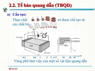 2.2. Tế bào quang dẫn (TBQD)2.2. Tế bào quang dẫn (TBQD)
a) Cấu tạo:
Thực chất TBQD là một điện trở được chế tạo từ
các chất bán dẫn
0,2 0,6 1 2 3 4 5 10 20 30
CdS
CdSe
CdTe
PbS
PbSe
PbTe
Ge
Si GeCu
SnIn
AsIn
CdHgT
e
λ, µm
Vùng phổ làm việc của một số vật liệu quang dẫn
09/11/13
 