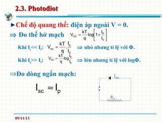 2.3. Photođiot2.3. Photođiot
Chế độ quang thế: điện áp ngoài V = 0.
⇒ Đo thế hở mạch
Khi Ip<< I0: ⇒ nhỏ nhưng tỉ lệ với Φ.
Khi Ip>> I0: ⇒ lớn nhưng tỉ lệ với logΦ.
⇒Đo dòng ngắn mạch:






+=
0
P
OC
I
I
1log
q
kT
V
0
p
oc
I
I
.
q
kT
V ≈
0
P
OC
I
I
log
q
kT
V =
psc II ≈
ISC
Rbé
09/11/13
 
