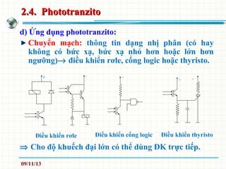 2.4. Phototranzito2.4. Phototranzito
d) Ứng dụng phototranzito:
Chuyển mạch: thông tin dạng nhị phân (có hay
không có bức xạ, bức xạ nhỏ hơn hoặc lớn hơn
ngưỡng)→ điều khiển rơle, cổng logic hoặc thyristo.
⇒ Cho độ khuếch đại lớn có thể dùng ĐK trực tiếp.
+ +
Điều khiển rơle
+
Điều khiển cổng logic
+ +
Điều khiển thyristo
09/11/13
 