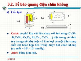 3.2. Tế bào quang điện chân không3.2. Tế bào quang điện chân không
a) Cấu tạo:
Catot: có phủ lớp vật liệu nhạy với ánh sáng (Cs3Sb,
K2CsSb, Cs2Te, Rb2Te , CsTe …) đặt trong vỏ hình
trụ trong suốt (b) hoặc vỏ kim loại có một đầu trong
suốt (b) hoặc hộp bên trong được hút chân không
(áp suất ~ 10-6
- 10-8
mmHg).
Anot: bằng kim loại.
A
Kc)
A
K
Φ
b)Φ
AK
a)
09/11/13
 