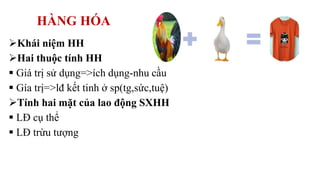 HÀNG HÓA
Khái niệm HH
Hai thuộc tính HH
 Giá trị sử dụng=>ích dụng-nhu cầu
 Gía trị=>lđ kết tinh ở sp(tg,sức,tuệ)
Tính hai mặt của lao động SXHH
 LĐ cụ thể
 LĐ trừu tượng
 