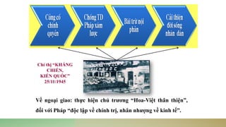Chỉ thị “KHÁNG
CHIẾN,
KIẾN QUỐC”
25/11/1945
Về ngoại giao: thực hiện chủ trương “Hoa-Việt thân thiện”,
đối với Pháp “độc lập về chính trị, nhân nhượng về kinh tế”.
 