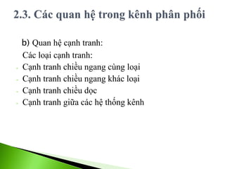 b) Quan hệ cạnh tranh:
Các loại cạnh tranh:
- Cạnh tranh chiều ngang cùng loại
- Cạnh tranh chiều ngang khác loại
- Cạnh tranh chiều dọc
- Cạnh tranh giữa các hệ thống kênh
 