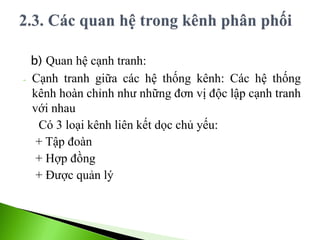 b) Quan hệ cạnh tranh:
- Cạnh tranh giữa các hệ thống kênh: Các hệ thống
kênh hoàn chỉnh như những đơn vị độc lập cạnh tranh
với nhau
Có 3 loại kênh liên kết dọc chủ yếu:
+ Tập đoàn
+ Hợp đồng
+ Được quản lý
 