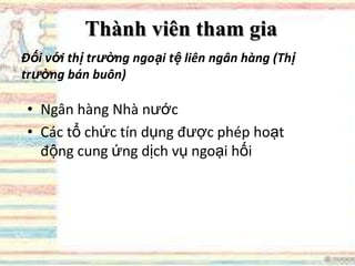 Thành viên tham gia
Đối với thị trường ngoại tệ liên ngân hàng (Thị
trường bán buôn)
• Ngân hàng Nhà nước
• Các tổ chức tín dụng được phép hoạt
động cung ứng dịch vụ ngoại hối
 