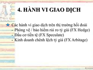 4. HÀNH VI GIAO DỊCH
Các hành vi giao dịch trên thị trường hối đoái
- Phòng vệ / bảo hiểm rủi ro tỷ giá (FX Hedge)
- Đầu cơ tiền tệ (FX Speculate)
- Kinh doanh chênh lệch tỷ giá (FX Arbitage)
 