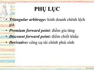 PHỤ LỤC
• Triangular arbitrage: kinh doanh chênh lệch
giá
• Premium forward point: điểm gia tăng
• Discount forward point: điểm chiết khấu
• Derivative: công cụ tài chính phái sinh
 