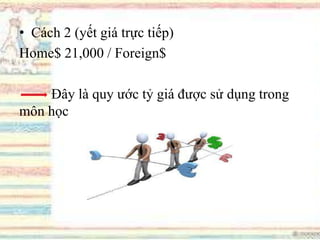 • Cách 2 (yết giá trực tiếp)
Home$ 21,000 / Foreign$
Đây là quy ước tỷ giá được sử dụng trong
môn học
 