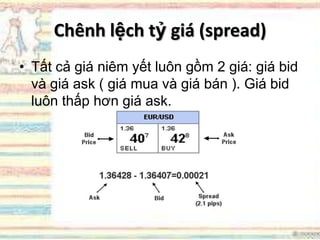 Chênh lệch tỷ giá (spread)
• Tất cả giá niêm yết luôn gồm 2 giá: giá bid
và giá ask ( giá mua và giá bán ). Giá bid
luôn thấp hơn giá ask.
 