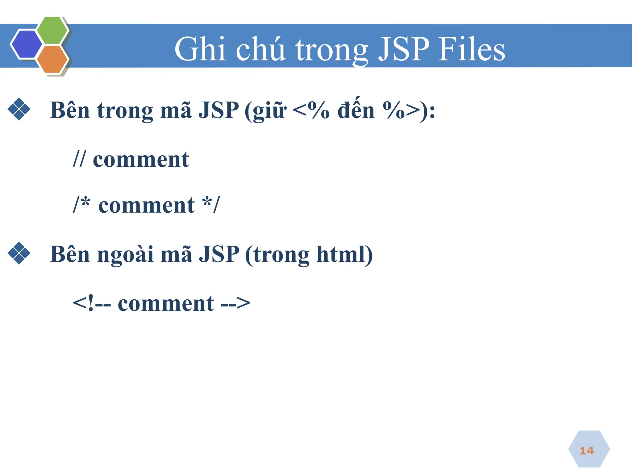 Ghi chú trong JSP Files
❖ Bên trong mã JSP (giữ <% đến %>):
// comment
/* comment */
❖ Bên ngoài mã JSP (trong html)
<!-- comment -->
14
 