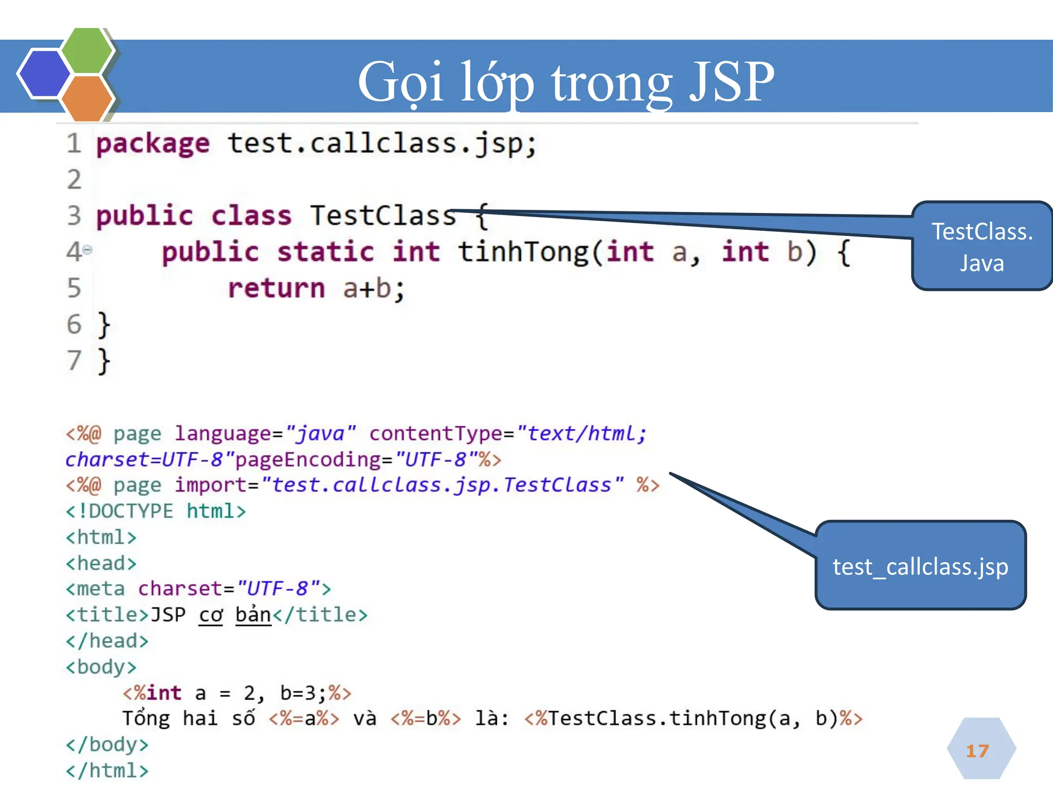 Gọi lớp trong JSP
17
TestClass.
Java
test_callclass.jsp
 