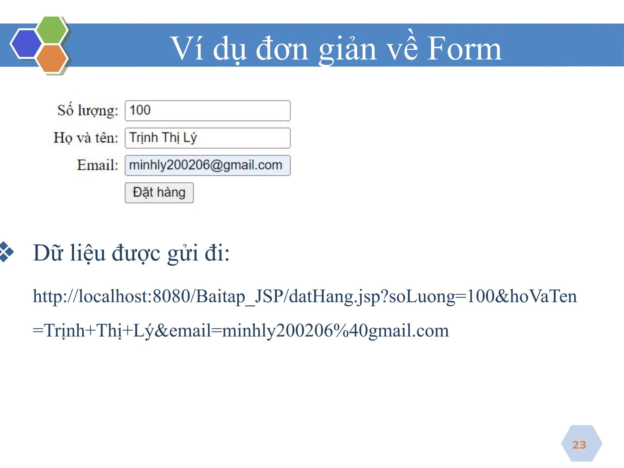 Ví dụ đơn giản về Form
❖ Dữ liệu được gửi đi:
http://localhost:8080/Baitap_JSP/datHang.jsp?soLuong=100&hoVaTen
=Trịnh+Thị+Lý&email=minhly200206%40gmail.com
23
 
