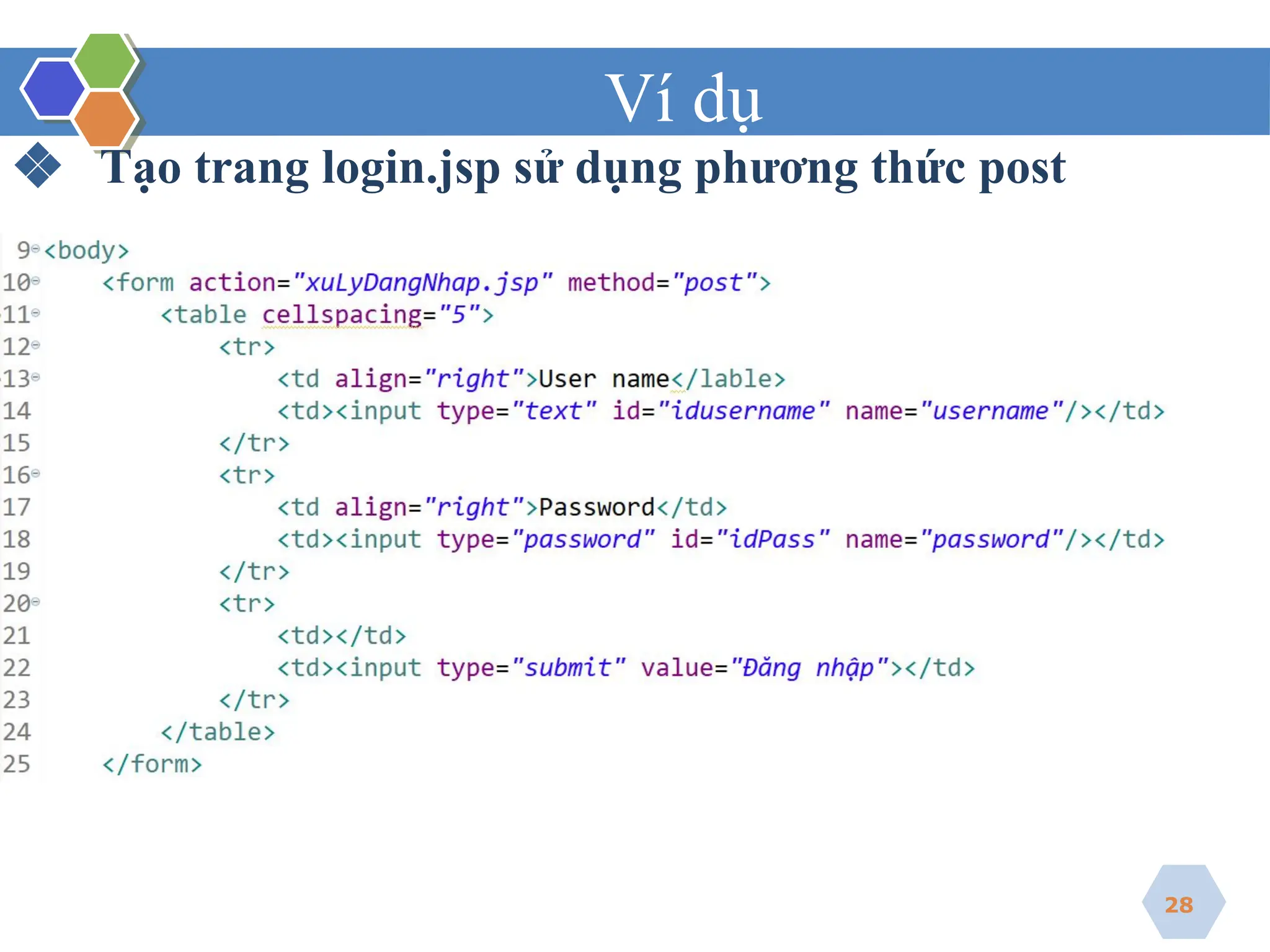 Ví dụ
❖ Tạo trang login.jsp sử dụng phương thức post
28
 