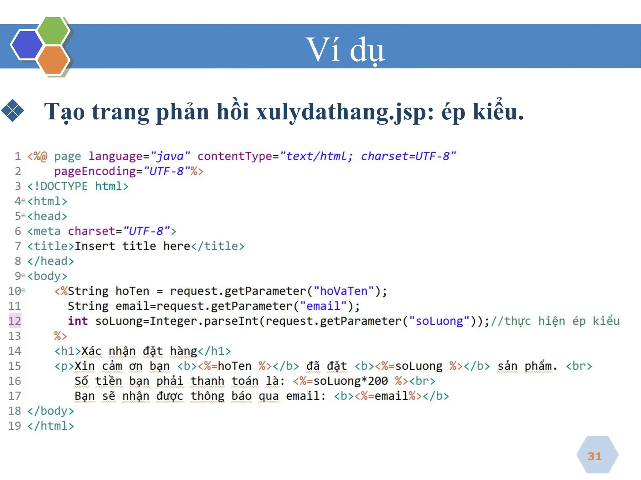 Ví dụ
31
❖ Tạo trang phản hồi xulydathang.jsp: ép kiểu.
 