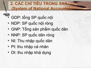 2. CÁC CHỈ TIÊU TRONG SNA
(System of National Accounts)
• GDP: tổng SP quốc nội
• NDP: SP quốc nội ròng
• GNP: Tổng sản phẩm quốc dân
• NNP: SP quốc dân ròng
• NI: Thu nhập quốc dân
• PI: thu nhập cá nhân
• DI: thu nhập khả dụng
 