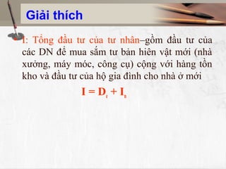 Giải thích
• I: Tổng đầu tư của tư nhân–gồm đầu tư của
  các DN để mua sắm tư bản hiên vật mới (nhà
  xưởng, máy móc, công cụ) cộng với hàng tồn
  kho và đầu tư của hộ gia đình cho nhà ở mới
               I = D e + In
 