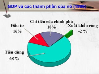GDP và các thành phần của nó (1998)


            Chi tiêu của chính phủ
  Đầu tư             18%        Xuất khẩu ròng
   16%                               -2 %



Tiêu dùng
  68 %
 