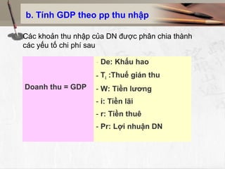 b. Tính GDP theo pp thu nhập

Các khoản thu nhập của DN được phân chia thành
các yếu tố chi phí sau

                   - De: Khấu hao
                   - Ti :Thuế gián thu
Doanh thu = GDP    - W: Tiền lương
                   - i: Tiền lãi
                   - r: Tiền thuê
                   - Pr: Lợi nhuận DN
 