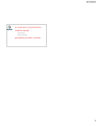 8/13/2023
5
SỰ CẢI BIẾN PHÂN TỬ (CHUYỂN HÓA THUỐC)
VỊ TRÍ CÁC THỤ THỂ
Tương tác thuốc-thụ thể
Chất chủ vận và chất đối kháng
QUAN HỆ GIỮA CẤU TRÚC - TÁC DỤNG
 