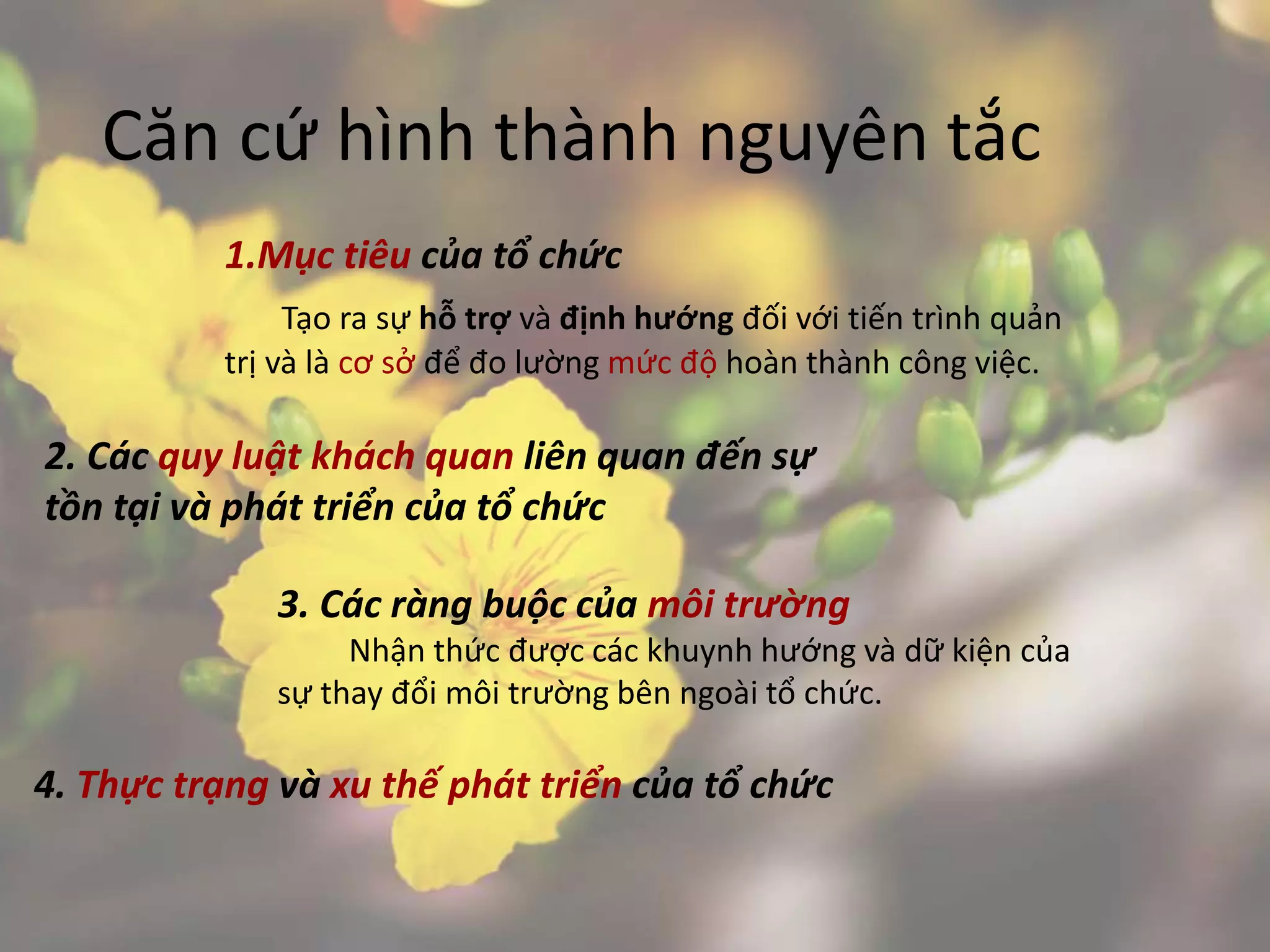 Căn cứ hình thành nguyên tắc
1.Mục tiêu của tổ chức
Tạo ra sự hỗ trợ và định hướng đối với tiến trình quản
trị và là cơ sở để đo lường mức độ hoàn thành công việc.
2. Các quy luật khách quan liên quan đến sự
tồn tại và phát triển của tổ chức
3. Các ràng buộc của môi trường
Nhận thức được các khuynh hướng và dữ kiện của
sự thay đổi môi trường bên ngoài tổ chức.
4. Thực trạng và xu thế phát triển của tổ chức
 