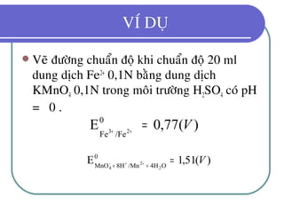 VÍ DUÏ
 Veõ ñöôøng chuaån ñoä khi chuaån ñoä 20 ml
dung dòch Fe2+
0,1N baèng dung dòch
KMnO4 0,1N trong moâi tröôøng H2SO4 coù pH
= 0 .
)(77,0E0
/FeFe 23
V=++
)(51,1E0
O4H/Mn8HMnO 2
2
4
V=++ ++−
 