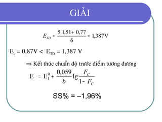 GIAÛI
V387,1
6
77,051,1.5
=
+
=TDE
Ec = 0,87V < ETÑ = 1,387 V
⇒ Keát thuùc chuaån ñoä tröôùc ñieåm töông ñöông
C
C
F
F
b −
+=
1
lg
059,0
EE 0
1
SS% = −1,96%
 