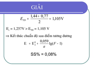 GIAÛI
V105,1
2
77,044,1
=
+
=TDE
Ec = 1,257V > ETÑ = 1,105 V
⇒ Keát thuùc chuaån ñoä sau ñieåm töông ñöông
)1lg(
059,0
EE 0
2 −+= F
a
SS% = 0,08%
 